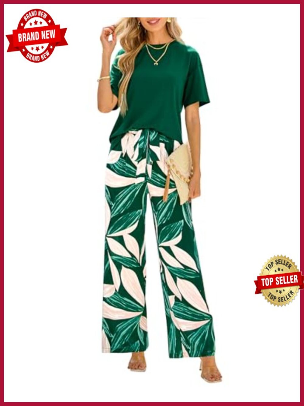 Women's 2 Piece Outfit Knit Top Cotton Floral Palazzo Pants Lounge Set